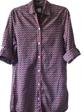 Tommy Bahama Women's Tunic Top Large Geometric Print Roll Tab Sleeve Button Up